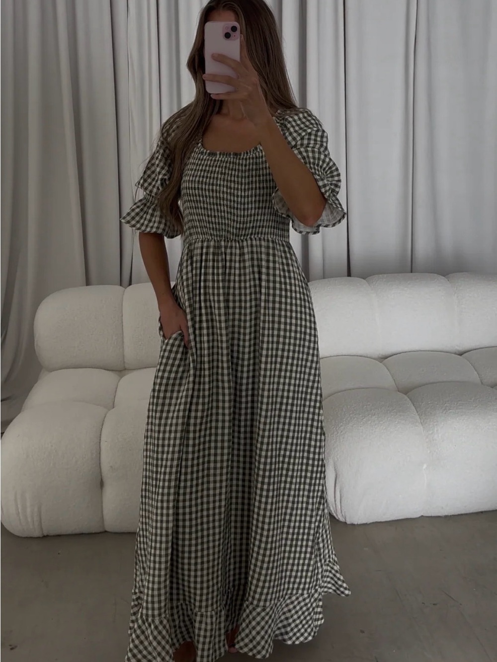 Green Gingham Smocked Maxi Dress - Worth Collective
